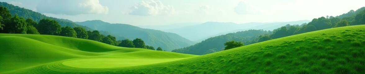 Restorative landscape featuring gentle slopes, lush greenery, and a serene atmosphere,  tranquil,  gentle slopes