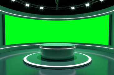 Modern television studio with green screen for broadcasting.