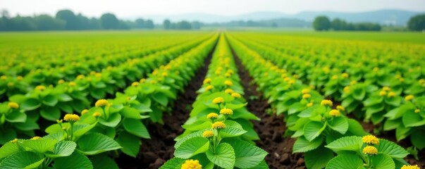 Rows of lush potato plants with vibrant yellow flowers blooming in a vast farm field, showcasing agriculture and rural landscape, agriculture,  yellow flowers