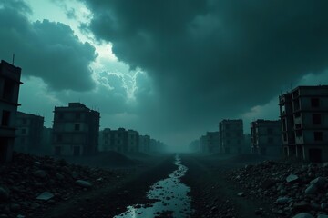 Ruined cityscape under dark storm clouds depicting haunting aftermath of conflict and climate change,  destruction,  stormy