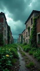 Ruined landscape with crumbling buildings, overgrown vegetation, and stormy skies, wasteland,  climate change