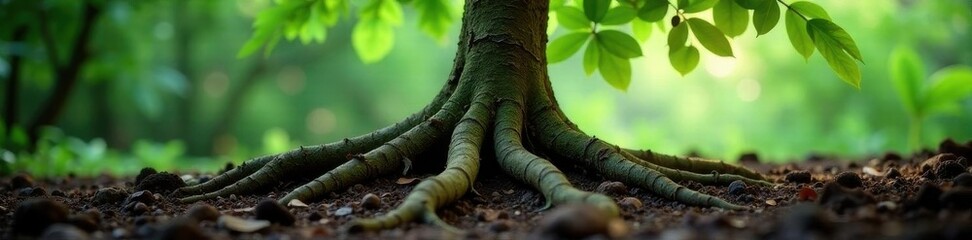 Fototapeta premium Intricate, gnarled root system emerging from earth , roots, macro
