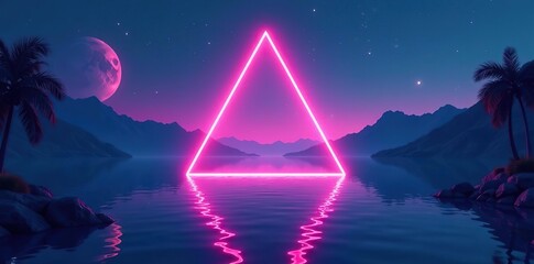 Retro futuristic triangular neon frame on lake synthwave style background forced perspective,  futuristic,  triangular
