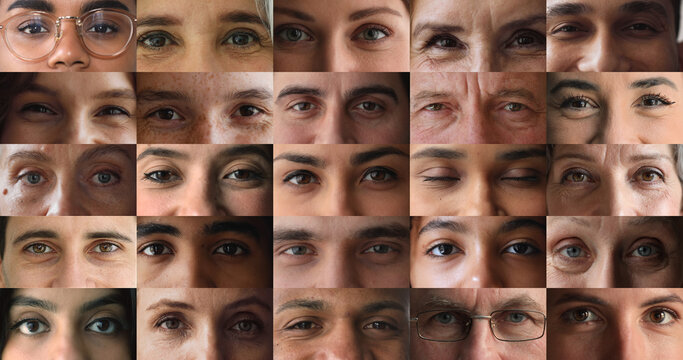 Collage view eyes of various multiethnic people differences in age, gender, skin tones, and complexion smiling, looking at camera, close up cropped front view shots. Human diversity and individuality