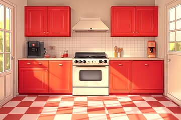 Modern Red Cabinet Kitchen Interior Design with Checkerboard Flooring and Natural Light