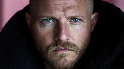 Fototapeta premium Close-up portrait of a man with piercing blue eyes and a well-groomed beard, wearing a dark hooded garment. Intense gaze, serious expression
