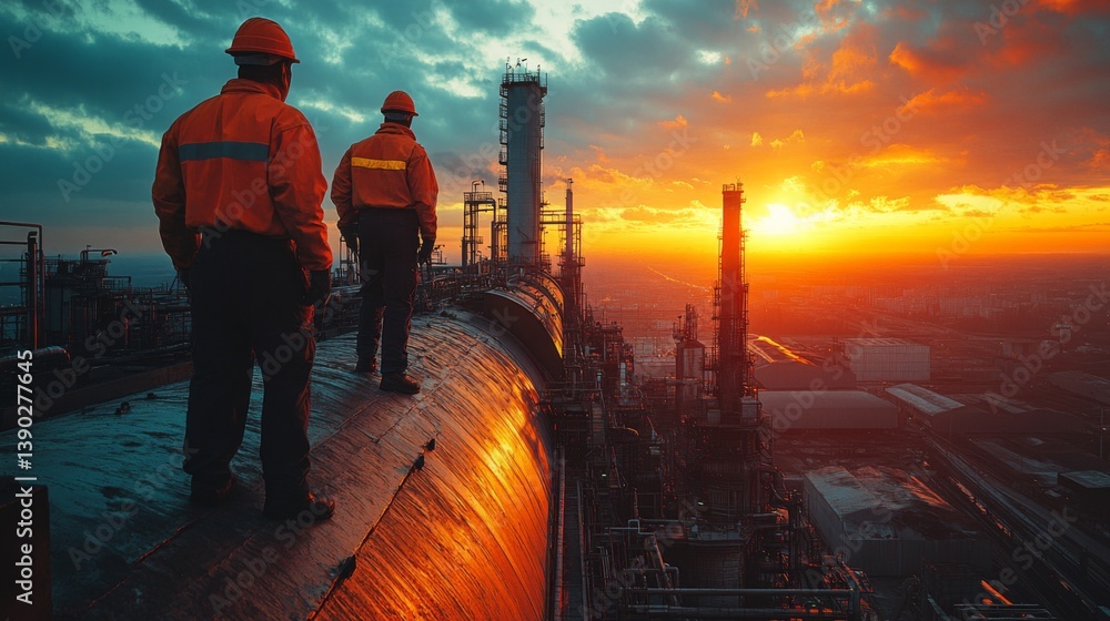 Poster two workers stand on top of a powerplant roof, looking out at a breathtaking sunset that highlights 