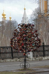 Forged tree with newlyweds' locks on the embankment of the Ryazan Kremlin