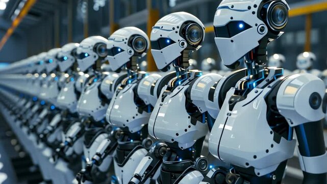 Robotic Assembly Line: A sleek and futuristic assembly line features a line of advanced robots, each embodying technological prowess and precision in a modern industrial setting. 