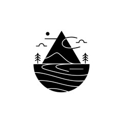 Fototapeta premium Minimalist Mountain Landscape Icon with Trees and Clouds, Flat Design