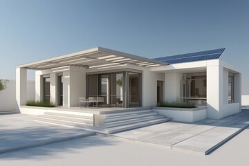 Modern white house with solar panels and a pergola on a sunny day under a clear blue sky view