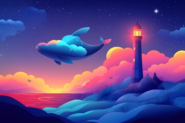 Majestic Whale and Lighthouse at Starry Sunset: A Vibrant Digital Art Landscape