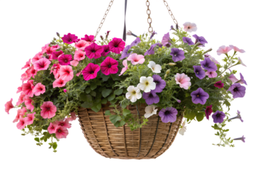 a hanging basket of flowers which are petunias isolated on transparent background