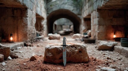 A dagger is resting on a warmstone in a mysterious setting, surrounded by shadows and candlelight, suggesting an undertone of adventure and hidden narratives.
