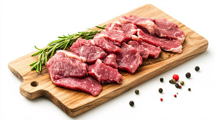 Fototapeta premium Freshly Sliced Raw Meat on Rustic Wooden Cutting Board