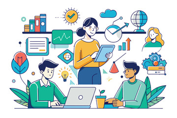 An illustration of three people working together on a project, with various icons representing their tasks and goals.