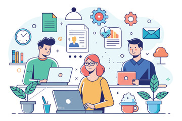 Three colleagues are working on laptops at their desks in an office, surrounded by icons for documents, tasks, and work items.