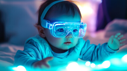 A toddler engages in online learning using futuristic technology, interacting with advanced digital interfaces. The concept of early childhood education, innovation, and the future of learning.