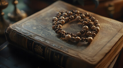 carved wooden rosary placed gently on an ancient book 