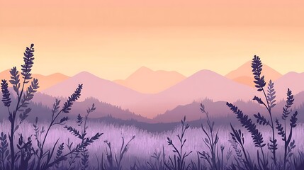 Sunset over purple mountains and field.