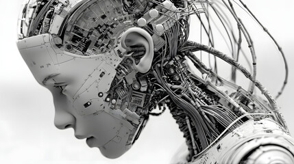 Futuristic Female Android with Exposed Mechanical Components.
A highly detailed and artistic rendering of a futuristic female android with a serene expression, showcasing intricate internal machinery
