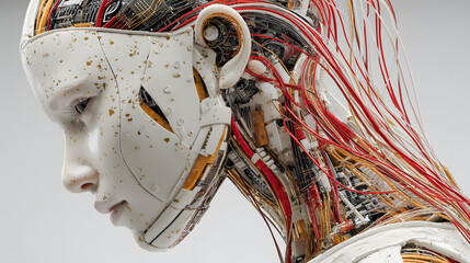 Futuristic Female Android with Exposed Mechanical Components.
A highly detailed and artistic rendering of a futuristic female android with a serene expression, showcasing intricate internal machinery
