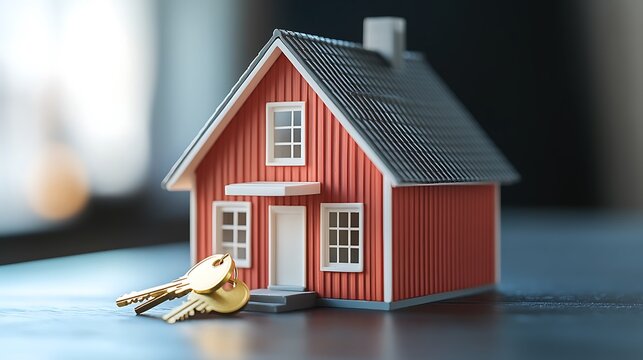 A red miniature house with a gray roof and two golden keys lying on a blue reflective surface