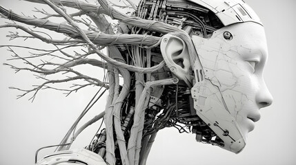 Futuristic Female Android with Exposed Mechanical Components.
A highly detailed and artistic rendering of a futuristic female android with a serene expression, showcasing intricate internal machinery
