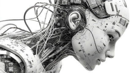 Futuristic Female Android with Exposed Mechanical Components.
A highly detailed and artistic rendering of a futuristic female android with a serene expression, showcasing intricate internal machinery
