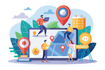 This illustration depicts people using an online map application to navigate their city. They are interacting with the map, locating points of interest, and planning their routes.
