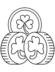 St. Patrick’s Day Gold Coin with Shamrock – Black and White Bold Outline Illustration