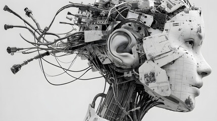 Futuristic Female Android with Exposed Mechanical Components.
A highly detailed and artistic rendering of a futuristic female android with a serene expression, showcasing intricate internal machinery
