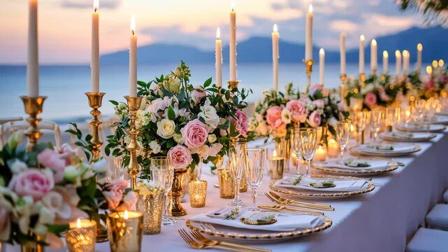Long wedding table with pink flowers, candles, and gold decor set up on beach at sunset, symbolizing celebration, luxury, and romance