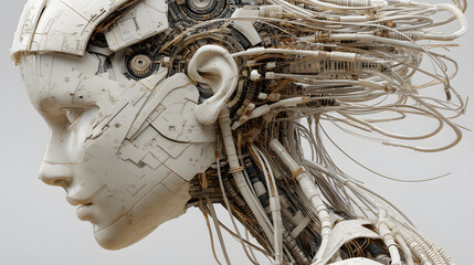Futuristic Female Android with Exposed Mechanical Components.
A highly detailed and artistic rendering of a futuristic female android with a serene expression, showcasing intricate internal machinery

