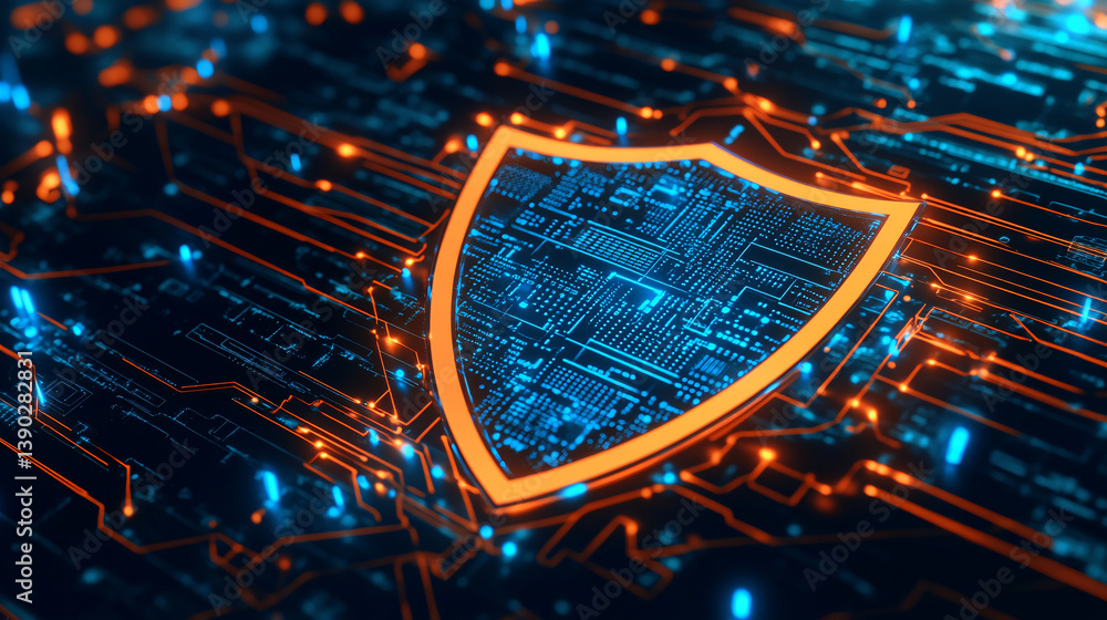 Poster shield icon with glowing digital circuits symbolizing advanced cybersecurity protection