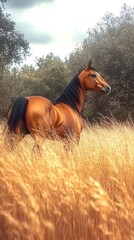 An image of a beautiful horse standing in a golden field with trees in the background. Perfect for horse blogs, equestrian advertising, and projects related to animals and nature. 