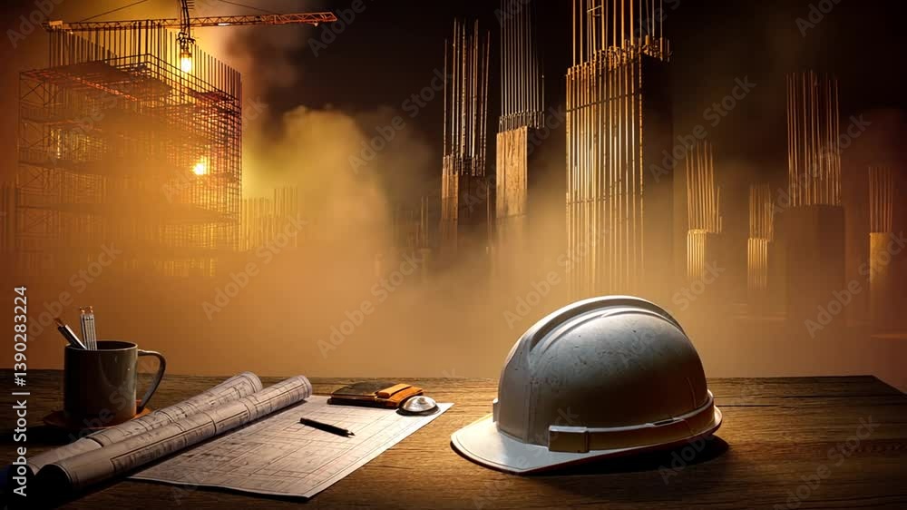 Poster concept architect reviewing plans at construction site during evening generative ai