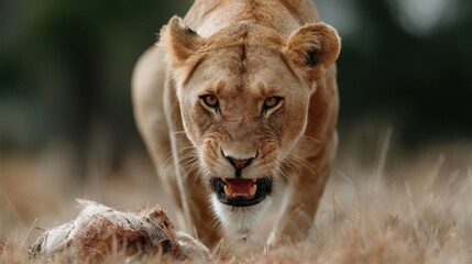 Fototapeta premium A powerful lioness on the prowl, showcasing her raw strength and fierce gaze, symbolizing nature's beauty and the instincts of a predator in the wild.