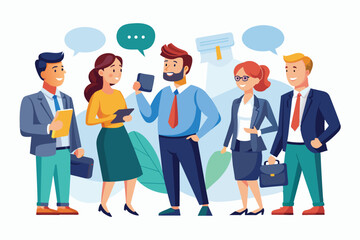 A group of five business professionals, both male and female, stand and chat together while holding various items like briefcases, tablets, and a phone.