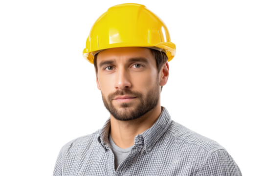 Engineer in hard hat, studio portrait on transparent background