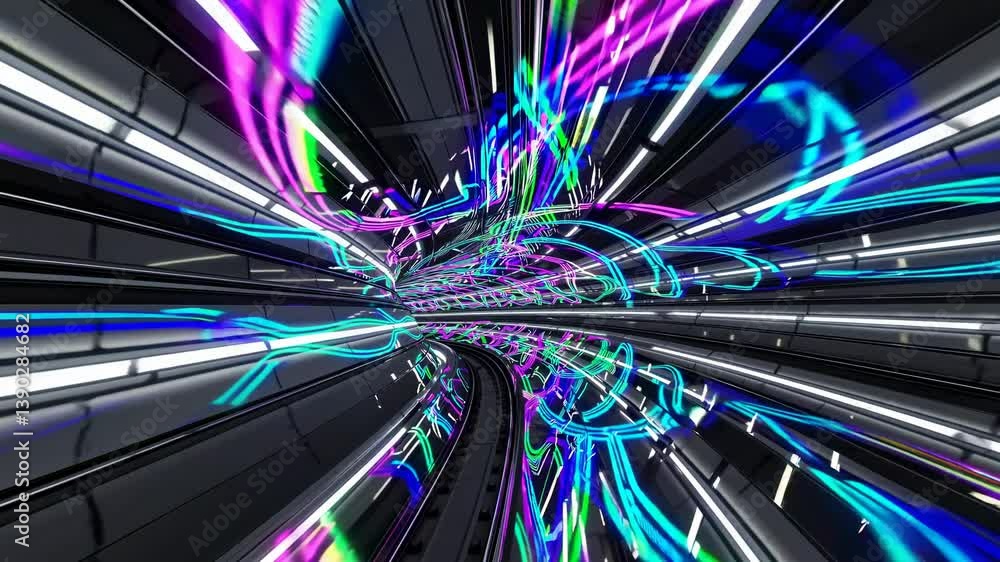 Poster light trails are flowing through a futuristic tunnel with metallic walls, creating a vibrant and dyn