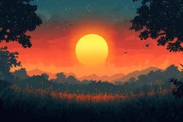 Obraz premium Tranquil Sunset Landscape Illustration: Serene Mountains and Vibrant Sky Art
