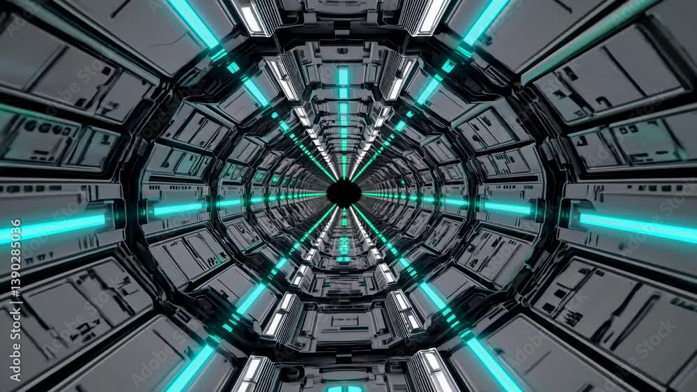 Poster futuristic metallic corridor with glowing turquoise lights extending towards a dark void, creating a