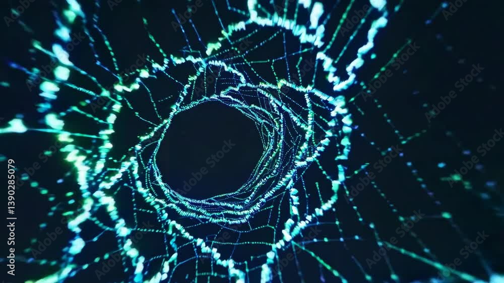 Poster creating a captivating visualization of digital information transfer, an abstract plexus tunnel rota