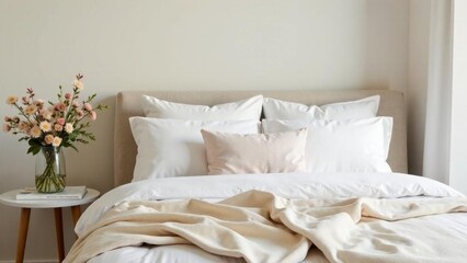 Comfortable and inviting bedroom with fresh flowers and soft bedding in a bright, cozy atmosphere