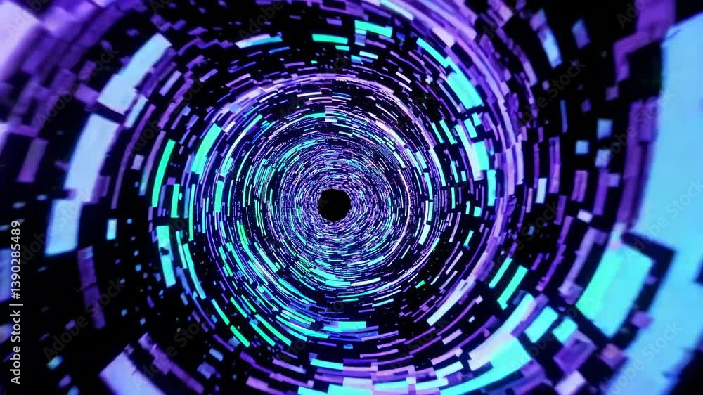 Poster bright glowing rectangles rotating rapidly create a mesmerizing vortex in cyberspace, forming a seam