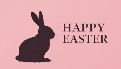 Fototapeta premium A soft pink background with a black silhouette of a sitting bunny on the left. On the right, capital text HAPPPY EASTER in serif typeface, intentionally misspelled for a quirky touch