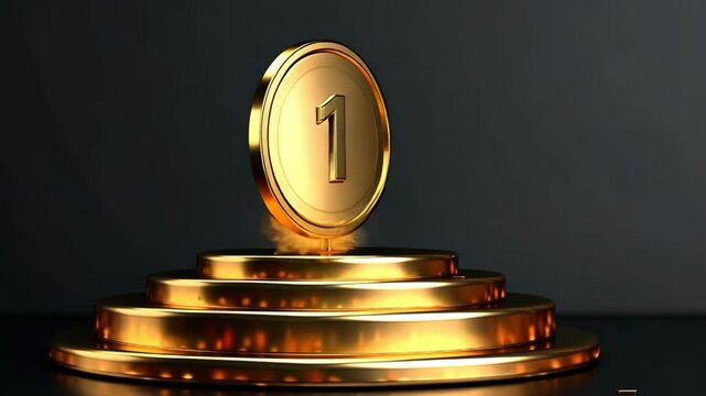 Top 1 best podium award sign, golden object. 3d render realistic cartoon illustration. Isolated on white background. Recognition and success concept.	

