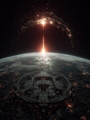 Cybernetic futurism sunrise over a heavily populated dense mechanical planet. The soft glow of the sun contradicts the dark mechanical planet. Beautiful wide angle shot using imax.