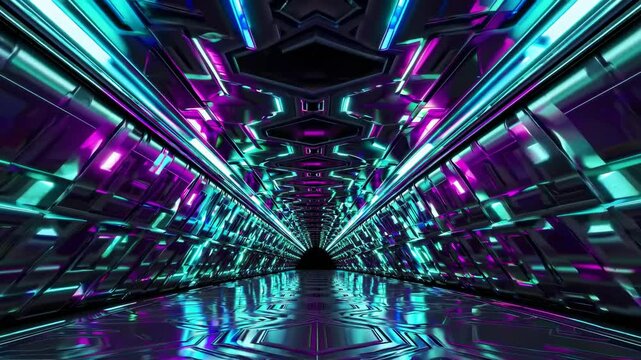 Futuristic metallic corridor reflecting vibrant teal and purple lights creating a mesmerizing and endless perspective, perfect for technology, gaming, or sci-fi projects